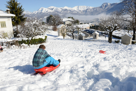 男孩喜欢在 Lugano，瑞士雪橇