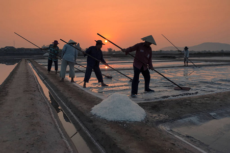巴里亚Vungtau, 越南 农民在日出时收割盐奠, 巴里亚头顿省, 越南