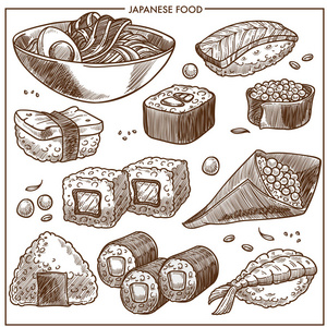 日本料理勾勒出传统菜肴的图标。寿司卷天妇罗虾海鲜米饭味噌面条和豆腐鲑鱼春卷和鱼子酱