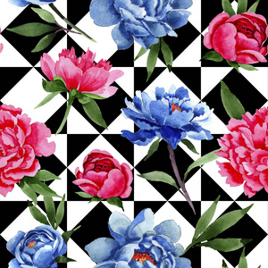 红与蓝牡丹花图案的水彩风格图片
