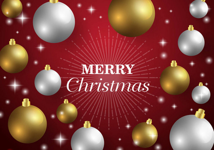 圣诞快乐, 新年贺卡和闪光装饰。红色背景与圣诞节球. 插图