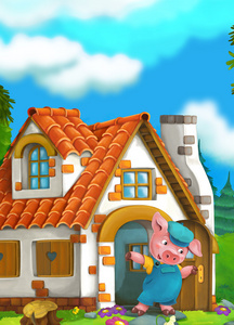一只小猪在他的家-儿童插画附近卡通场景照片