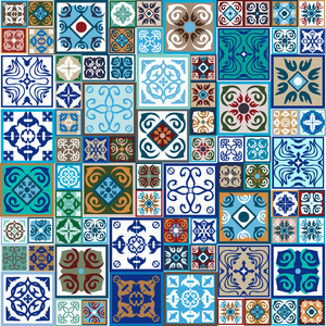 巨型的瓷砖具有东方打印设置。与摩洛哥 西班牙 牙花卉和几何图案的多彩复古地板