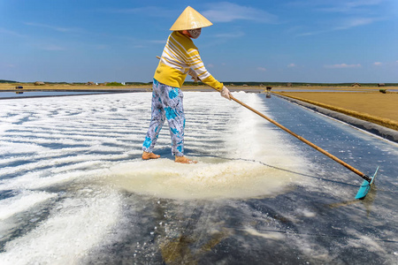 胡志明市城市越南 在越南胡志明市市, 妇女收割盐