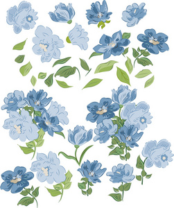 组的孤立的蓝色颜色 元素和花束