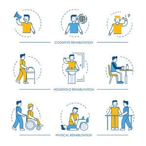 康复的图标为认知, 物理和家庭康复医学治疗。人和护士或医疗医院助理或医生信息的向量线符号