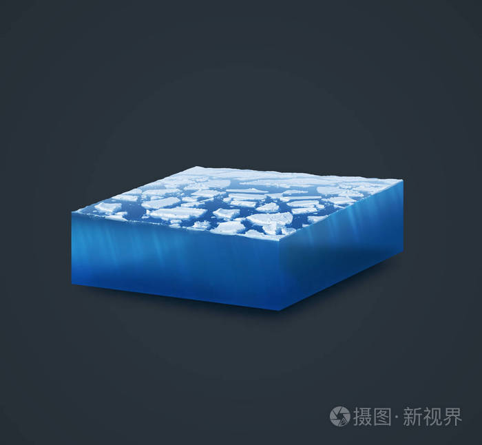 3d 孤立插图剖面在暗背景上有浮冰的水海洋切片