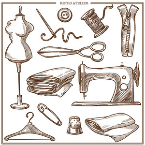 复古画室或裁缝裁缝沙龙设备素描图标。矢量隔离旧缝纫机和老式假人体模型, 裁缝剪刀和螺纹针和顶针和针