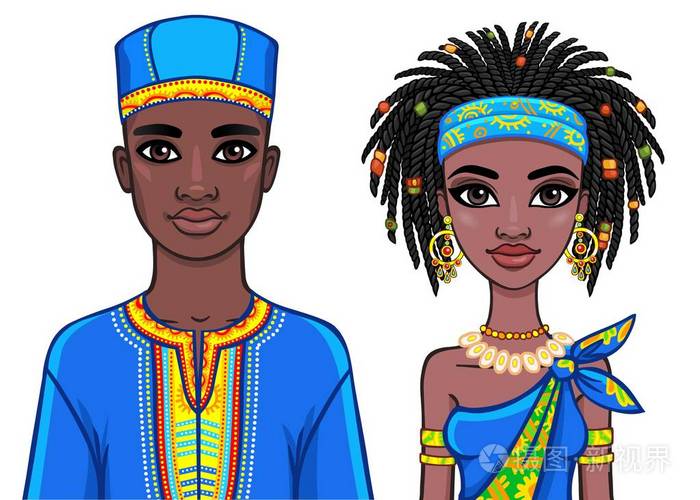 动画的鲜艳的民族服装的非洲家庭的肖像孤立在白色背景上的矢量图