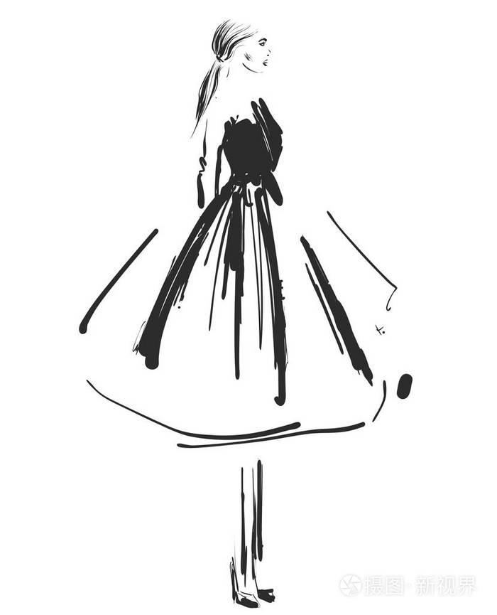 漂亮的年轻女孩在礼服时装模特素描画