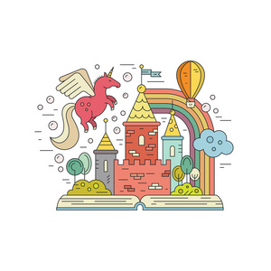 卡通图标矢量插图图形设计魔术幻想女孩世界可爱童话在夜晚的童话城堡