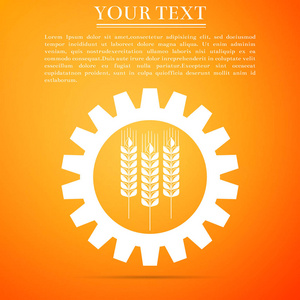农业象征与谷物和工业齿轮或想法。工业和农业图标在橙色背景下被隔离。小麦和齿轮。生物技术概念。平面设计。矢量
