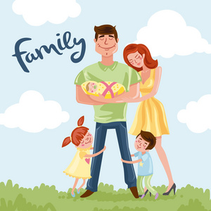 幸福的家庭 — — 母亲,父亲与孩子,女儿和儿子,卡通手绘矢量图照片
