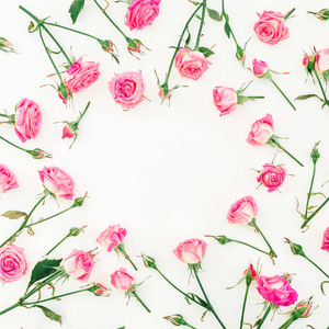 白色背景的粉红色玫瑰花图案。平躺, 顶部视图