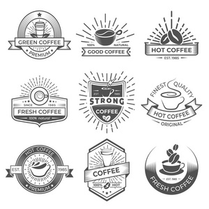 九咖啡徽标模板集。带有示例文本的咖啡标签。咖啡店标志徽章和元素设计的杯子豆和咖啡设备图标