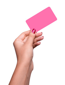 女人手按住虚拟商务卡 信用卡或孤立在白色背景上的空白纸张