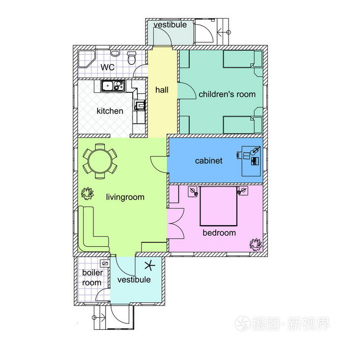 现代公寓的平面图多彩的2d矢量的蓝图建筑背景