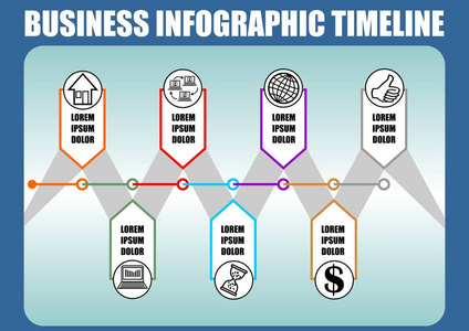 图表时间线模板, 抽象向量与七个元素, 图标和拷贝空间, 蓝色梯度背景以深蓝色框架