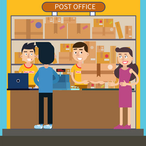 邮政票邮局.收到包裹的女人.邮政服务.男人送信.矢量图照片