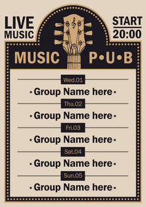 与吉他现场音乐的啤酒酒吧海报图片