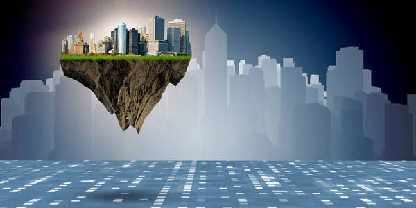 绿色未来城浮城在城市规划的概念-3d 渲染照片