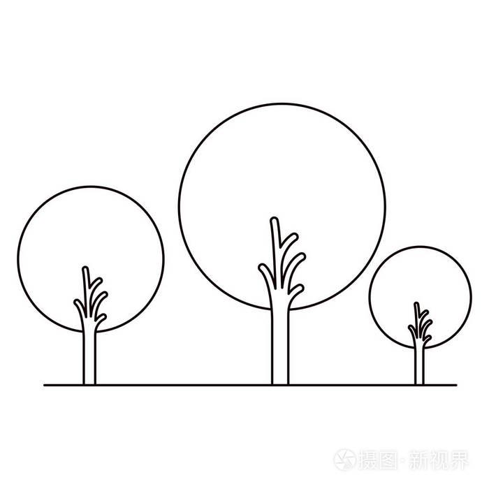 在圆形状中设置着树叶的抽象树木的单色剪影插画-正版商用图片0exo43