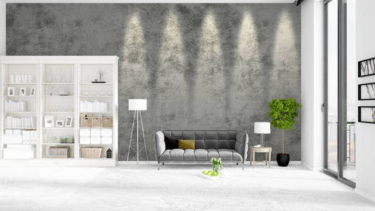 现场与全新的内饰时尚的白色架子和现代灰色的沙发。3d 渲染。水平排列