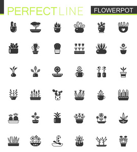 黑色经典室内植物和鲜花花盆图标集