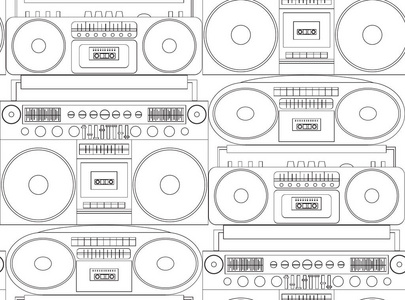 无缝黑白纹理与轮廓磁带录音机和景气盒。织物墙纸和创意的矢量图案