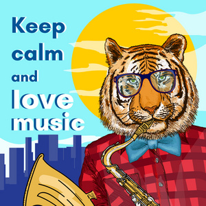 老虎的版式时髦的动物,老虎会演奏萨克斯管照片