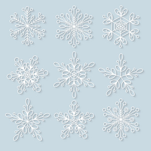 3d 雪花设置。冬季和圣诞节主题的背景。矢量图