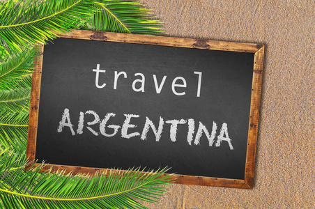 在沙滩上旅行阿根廷棕榈树和黑板
