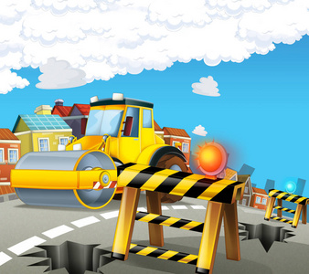 卡通路压路机卡车在城市例证为孩子照片