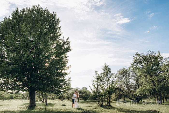 在阳光明媚的花园里拥抱的一对幸福美丽的情侣的形象