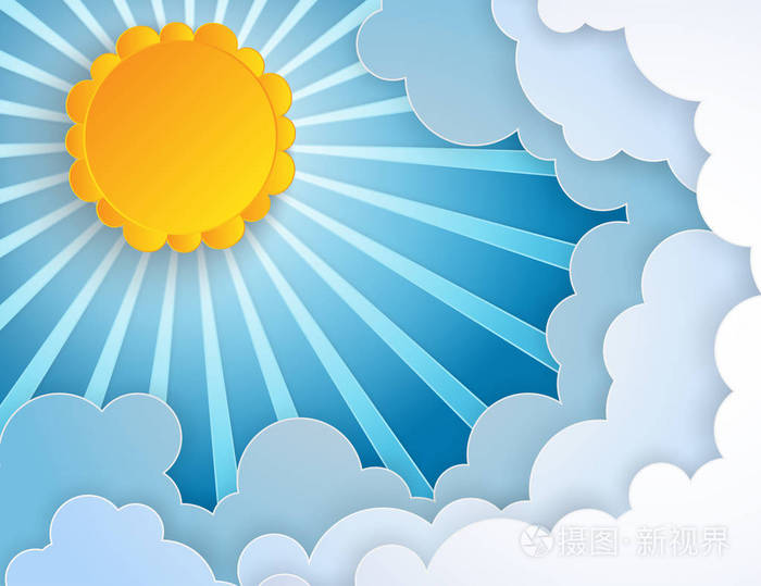 现代3d 纸艺风格.矢量插图 cloudscape, 晴天