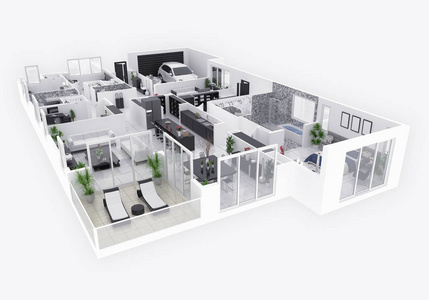 房屋顶部平面图3d 插图。开放式概念生活公寓布局