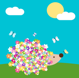 可爱的卡通春天刺猬与雏菊花在草甸矢量图