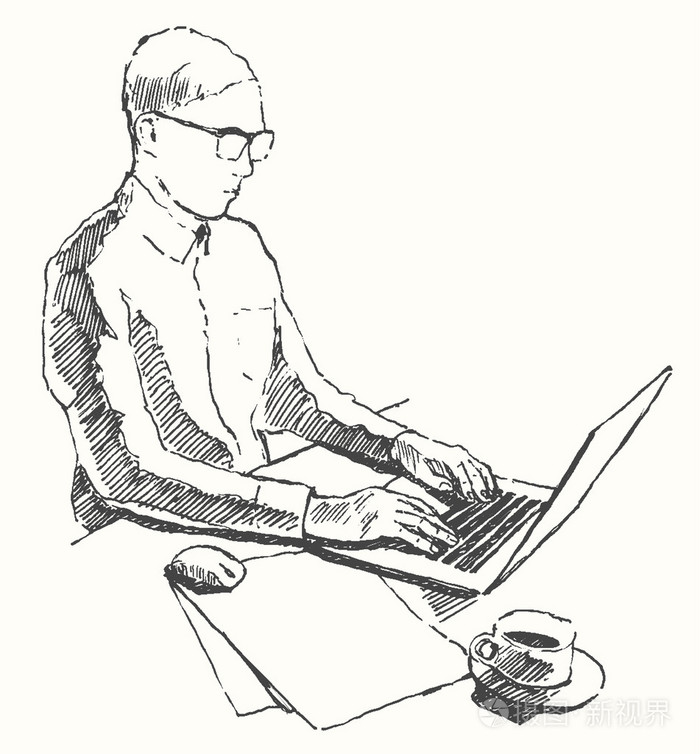 素描手计算机人办公室顶视图绘制