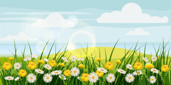 春天田野的春天美丽的风景, 田野, 菊花花, 蒲公英, 云彩, 卡通风格