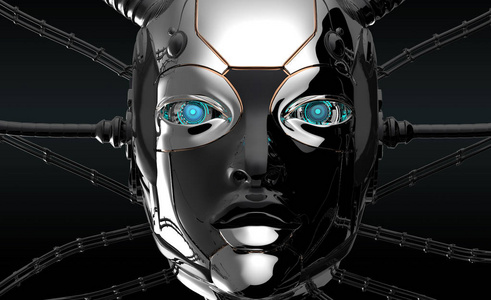 特写未来派肖像女机器人的脸照片