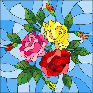 插图在彩色玻璃风格与花，芽和叶的玫瑰在蓝色背景上