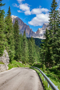 跨多洛米蒂山树森林和山峰的直行道路