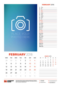 矢量日历规划器模板2018年。2月。矢量设计打印模板与地方为相片。本周开始于星期一