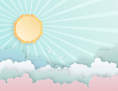 蓬松阳光彩色纸在蓝天下用光线切割蓬松的云彩和太阳.飞鸟.