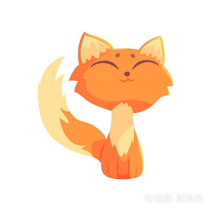 有趣的红色小猫坐在地上,闭上眼睛,可爱的卡通动物特征向量图
