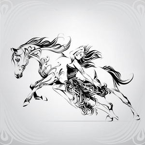 一匹奔跑的马的剪影与女孩