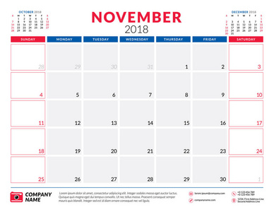 2018 年 11 月。日历策划设计模板。周从星期日开始。文具设计