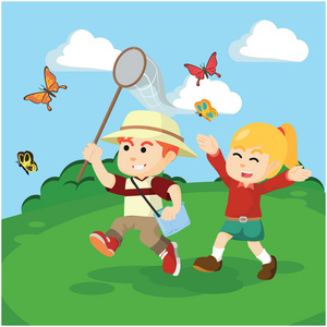 男孩一女孩捉蝴蝶在一起照片