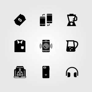 购物矢量图标集。手提电脑衬衣罐子和智能手机