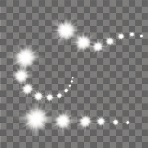 白色发光的星星, 灯光和闪光的透明背景。矢量